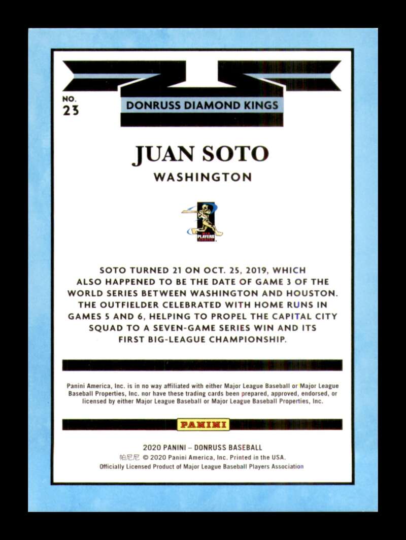 Load image into Gallery viewer, 2020 Donruss Holo Blue Juan Soto #23 Washington Nationals Diamond Kings Image 2
