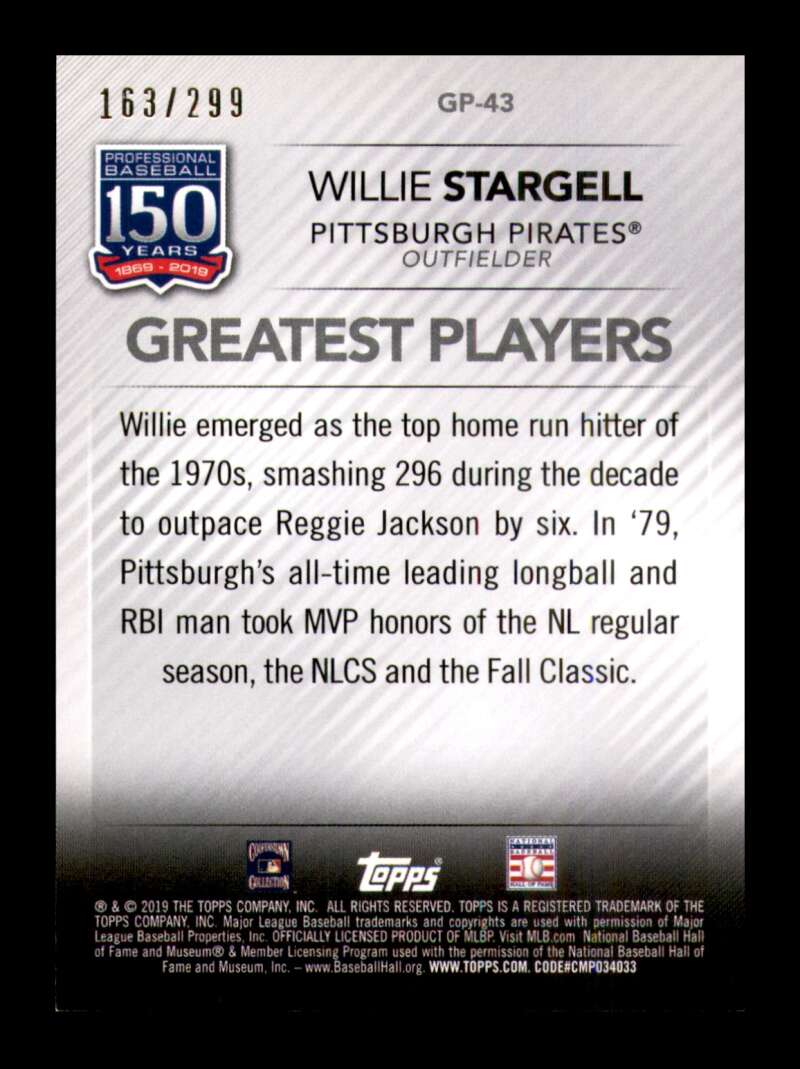 Load image into Gallery viewer, 2019 Topps 150 Years Black Willie Stargell #GP-43 Pittsburgh Pirates /299  Image 2
