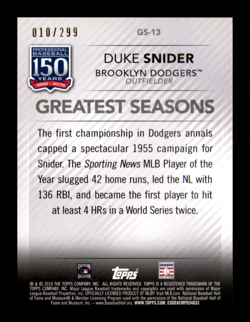 Load image into Gallery viewer, 2019 Topps 150 Years Black Duke Snider #GS-13 Brooklyn Dodgers /299  Image 2
