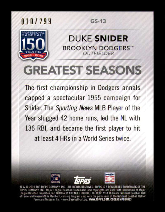 2019 Topps 150 Years Black Duke Snider 