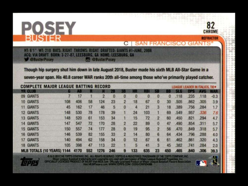 Load image into Gallery viewer, 2019 Topps Chrome Refractor Buster Posey #82 San Francisco Giants  Image 2
