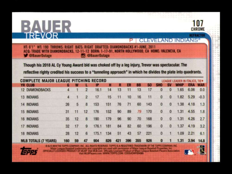 Load image into Gallery viewer, 2019 Topps Chrome Refractor Trevor Bauer #107 Cleveland Indians  Image 2
