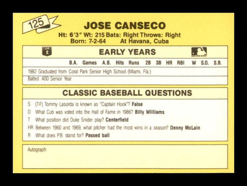 Load image into Gallery viewer, 1987 Classic Update Yellow Jose Canseco #125 Oakland Athletics NM Near Mint Image 2
