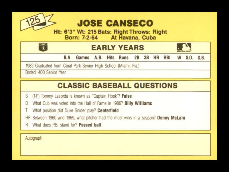 Load image into Gallery viewer, 1987 Classic Update Yellow Jose Canseco #125 Oakland Athletics NM Near Mint Image 2
