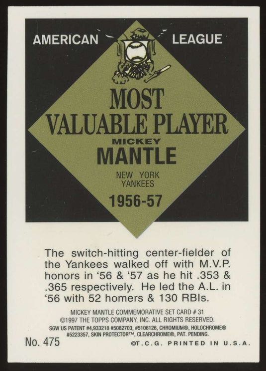 1997 Topps Finest Mickey Mantle #31 New York Yankees 1961 Topps MVP #475