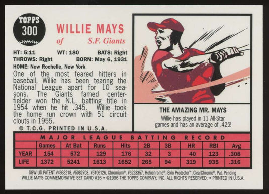 1997 Topps Finest Willie Mays #16 San Francisco Giants 1962 Topps #300