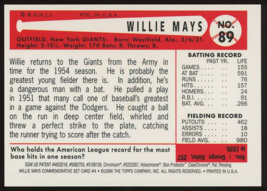 1997 Topps Finest Willie Mays #4 New York Giants 1954 Bowman #89