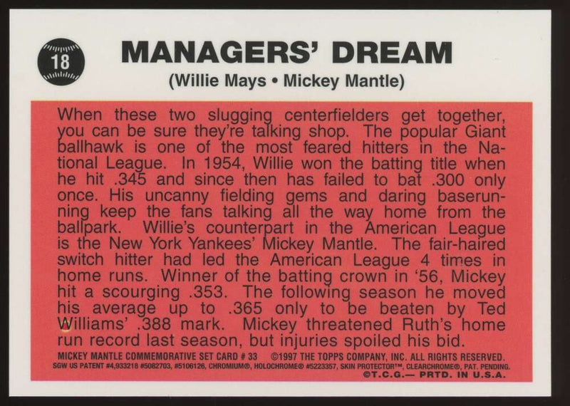 Load image into Gallery viewer, 1997 Topps Finest Mickey Mantle Willie Mays #33 Yankees Giants 1962 Topps #18 Image 2

