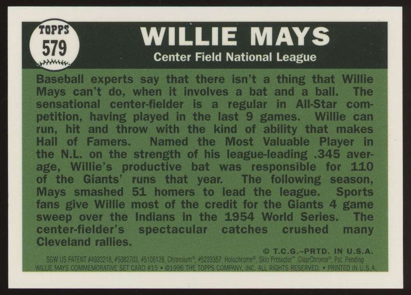 Load image into Gallery viewer, 1997 Topps Finest Willie Mays #15 San Francisco Giants 1961 Topps All Star #579 Image 2
