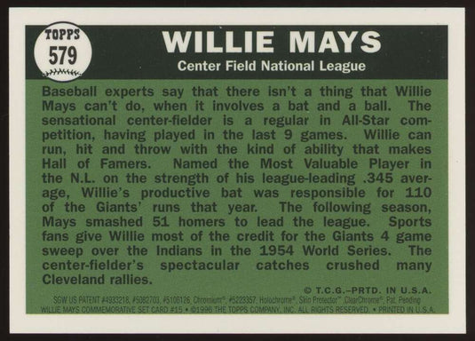 1997 Topps Finest Willie Mays #15 San Francisco Giants 1961 Topps All Star #579