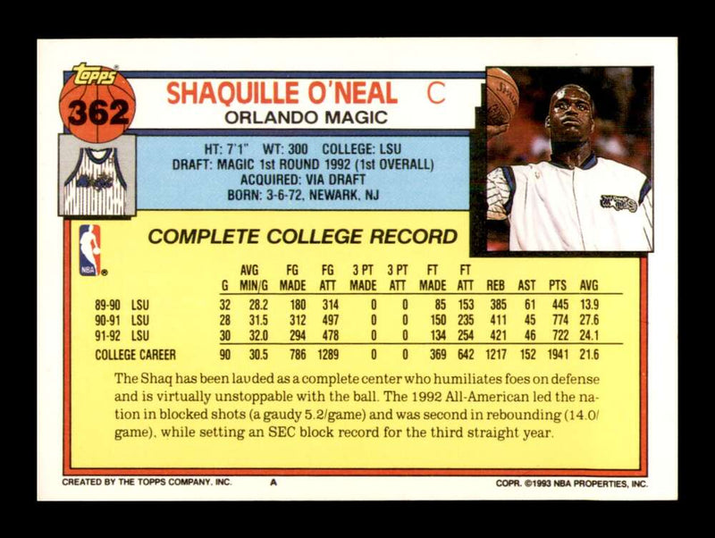 Load image into Gallery viewer, 1992-93 Topps Shaquille O&#39;Neal #362 Orlando Magic Rookie RC NM Near Mint Image 2
