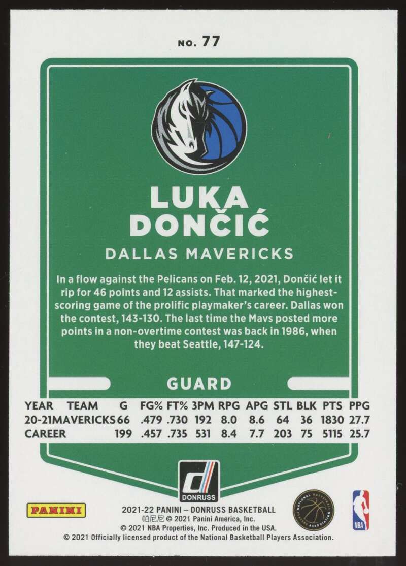 Load image into Gallery viewer, 2021-22 Donruss Holo Teal Laser Luka Doncic #77 Dallas Mavericks  Image 2
