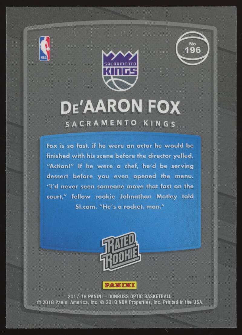 Load image into Gallery viewer, 2017-18 Donruss Optic De&#39;Aaron Fox #196 Sacramento Kings Rookie RC Image 2
