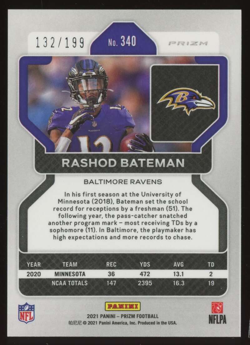 Load image into Gallery viewer, 2021 Panini Prizm Blue Wave Prizm Rashod Bateman #340 Baltimore Ravens Rookie RC /199  Image 2
