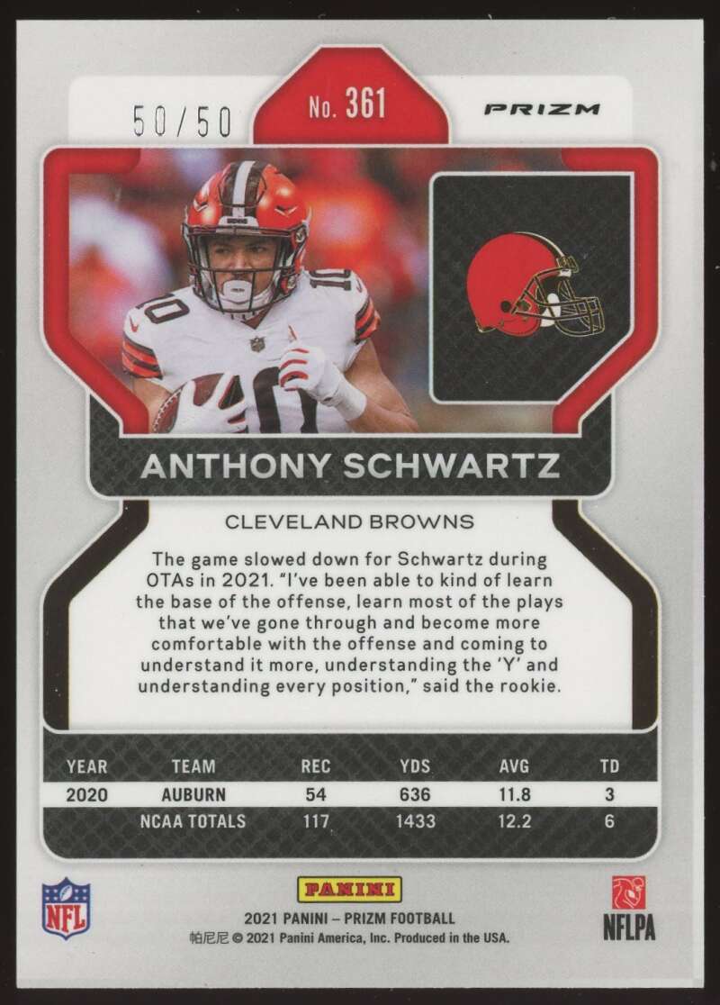 Load image into Gallery viewer, 2021 Panini Prizm No Huddle Red Prizm Anthony Schwartz #361 Cleveland Browns Rookie RC /50  Image 2
