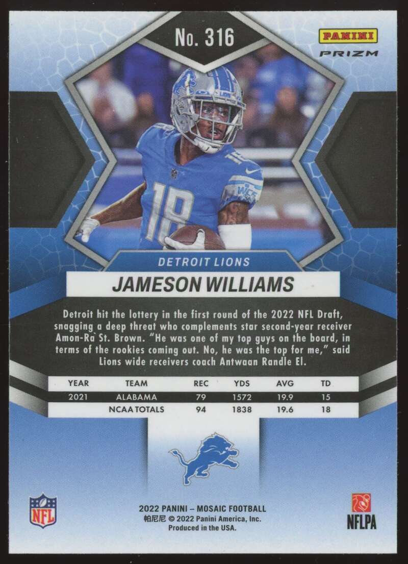 Load image into Gallery viewer, 2022 Panini Mosaic Silver Prizm Jameson Williams #316 Detroit Lions Rookie RC  Image 2
