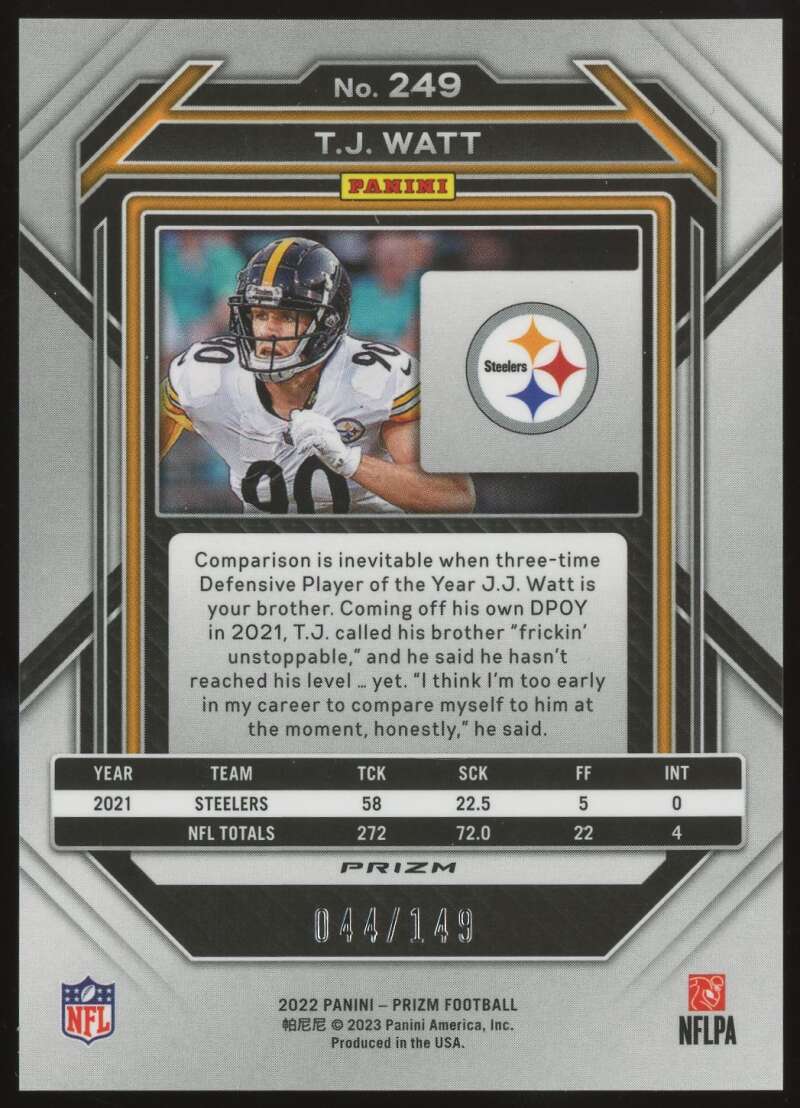 Load image into Gallery viewer, 2022 Panini Prizm Red Wave Prizm T.J. Watt #249 Pittsburgh Steelers /149  Image 2
