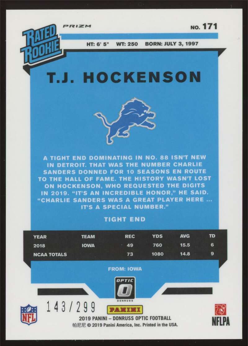 Load image into Gallery viewer, 2019 Donruss Optic Aqua T.J. Hockenson #171 Detroit Lions Rookie RC /299  Image 2

