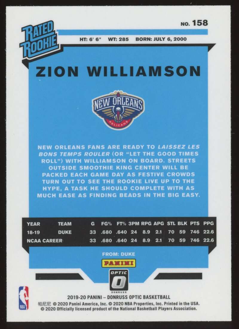 Load image into Gallery viewer, 2019-20 Donruss Optic Zion Williamson #158 New Orleans Pelicans Rookie RC  Image 2
