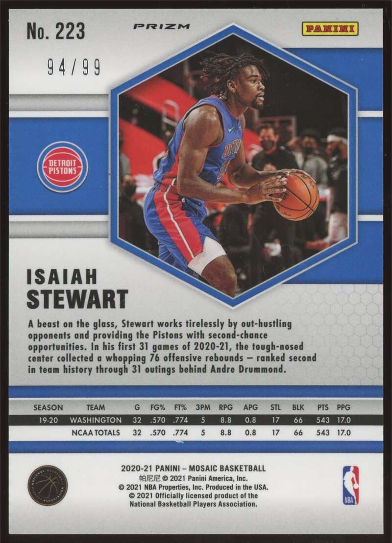 Load image into Gallery viewer, 2020-21 Panini Mosaic Blue Mosaic Prizm Isaiah Stewart #223 Detroit Pistons Rookie RC /99  Image 2

