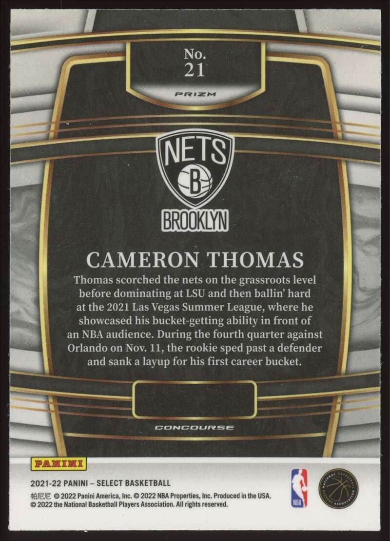 Load image into Gallery viewer, 2021 Panini Select Blue Shimmer Prizm Cameron Thomas #21 Brooklyn Nets Rookie RC Image 2
