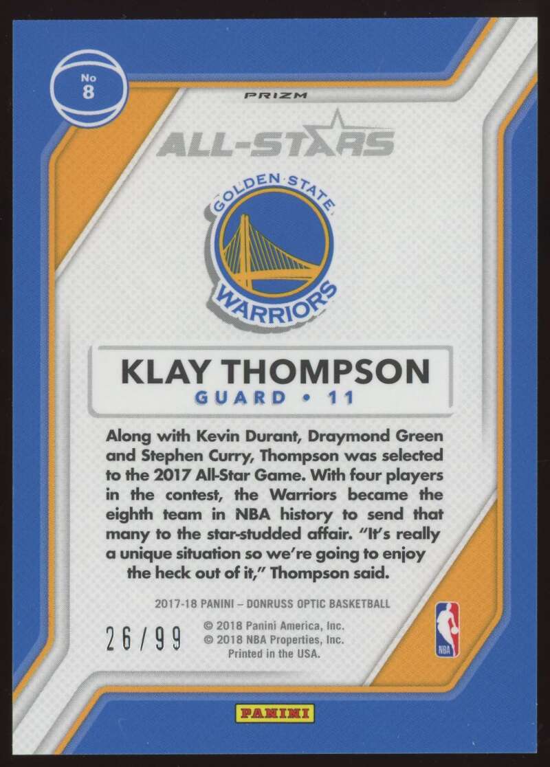 Load image into Gallery viewer, 2017-18 Donruss Optic All Stars Red Prizm Klay Thompson #8 Golden State Warriors /99  Image 2
