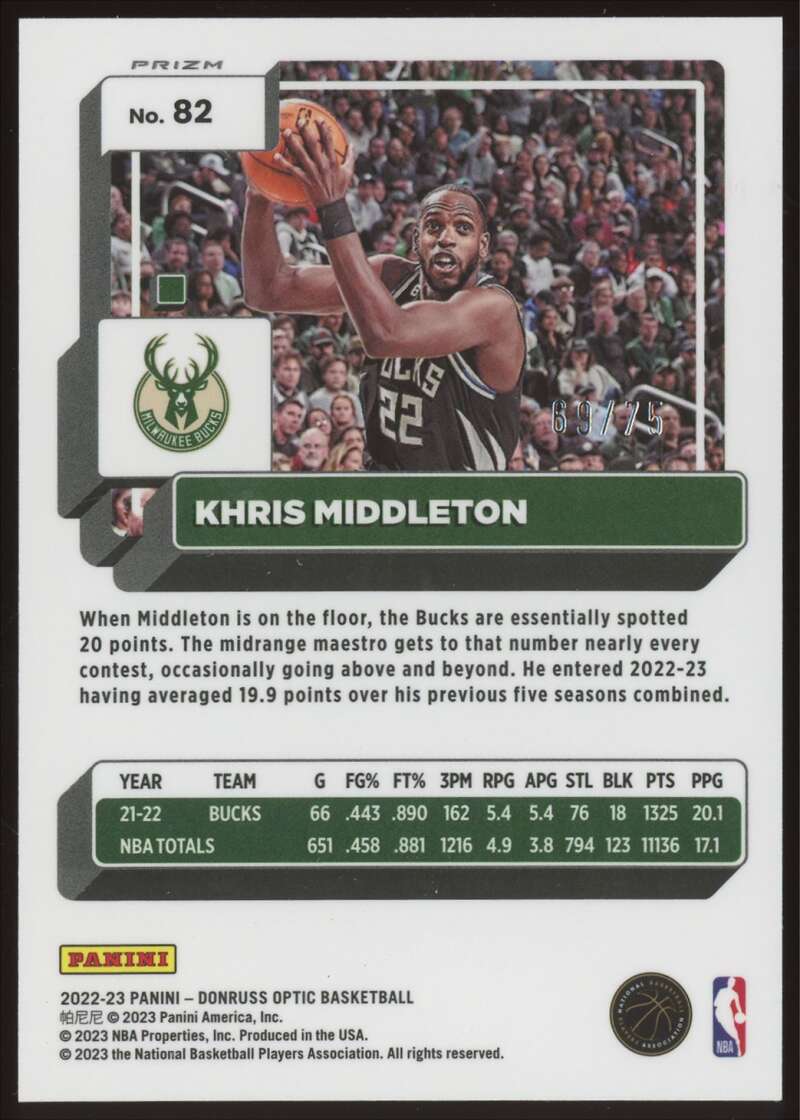 Load image into Gallery viewer, 2022-23 Donruss Optic Fast Break Red Prizm Khris Middleton #82 Milwaukee Bucks /75  Image 2
