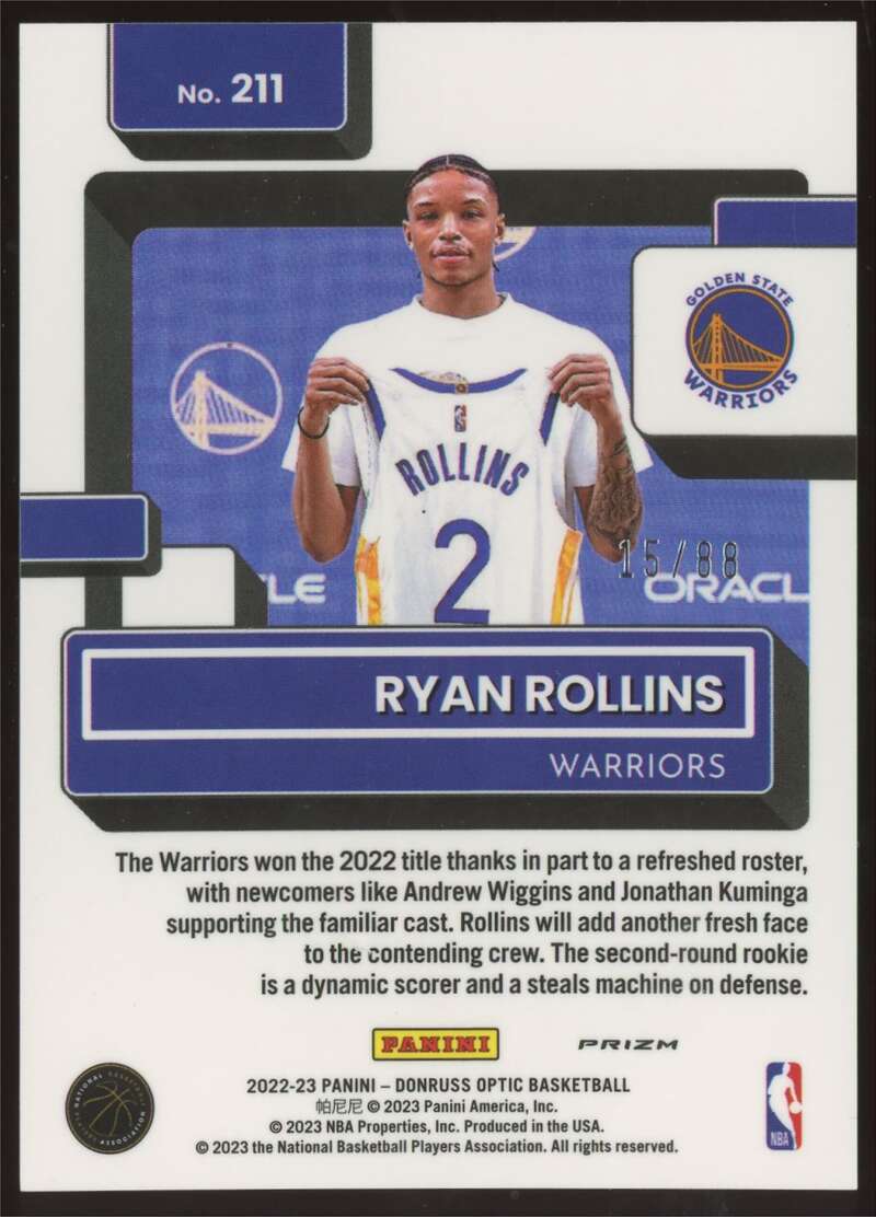 Load image into Gallery viewer, 2022-23 Donruss Optic Choice Red Prizm Ryan Rollins #211 Golden State Warriors Rookie RC /88  Image 2
