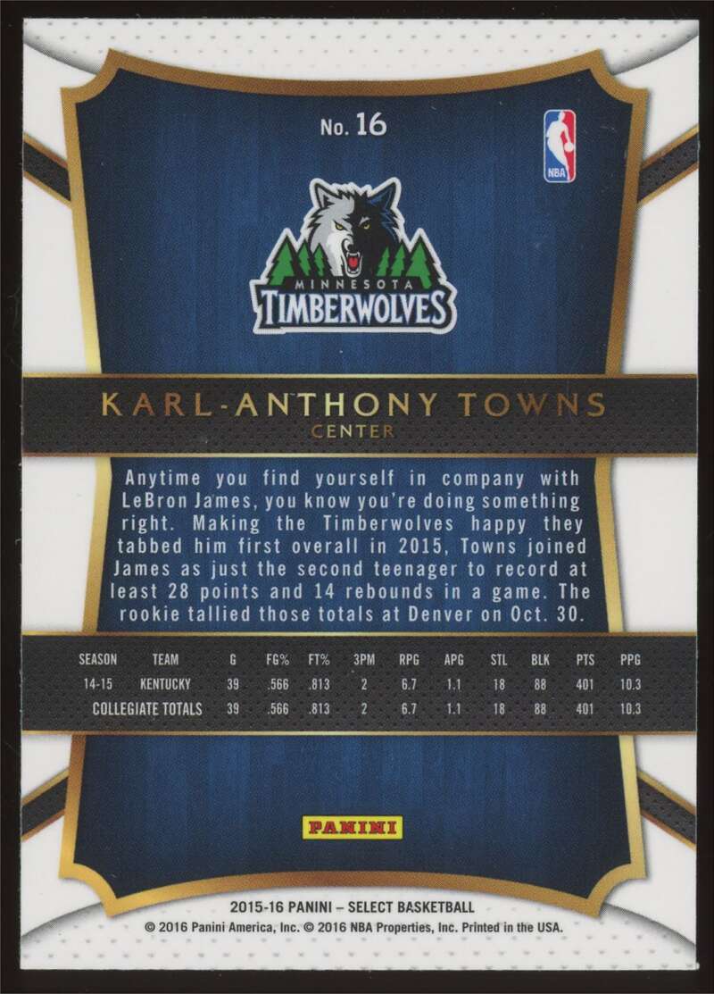 Load image into Gallery viewer, 2015-16 Panini Select Karl-Anthony Towns #16 Minnesota Timberwolves Rookie RC Image 2
