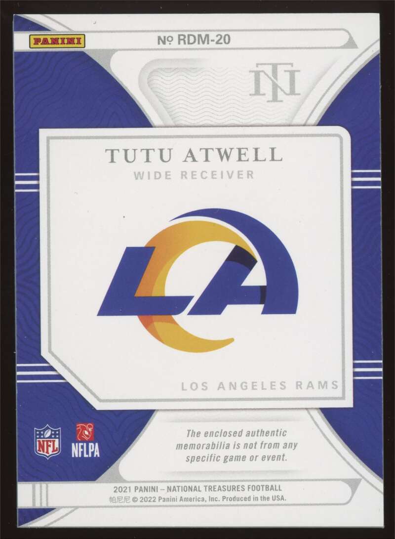 Load image into Gallery viewer, 2021 Panini National Treasures Dual Patch Holo Silver Tutu Atwell #RDM-20 Los Angeles Rams Rookie RC /25  Image 2

