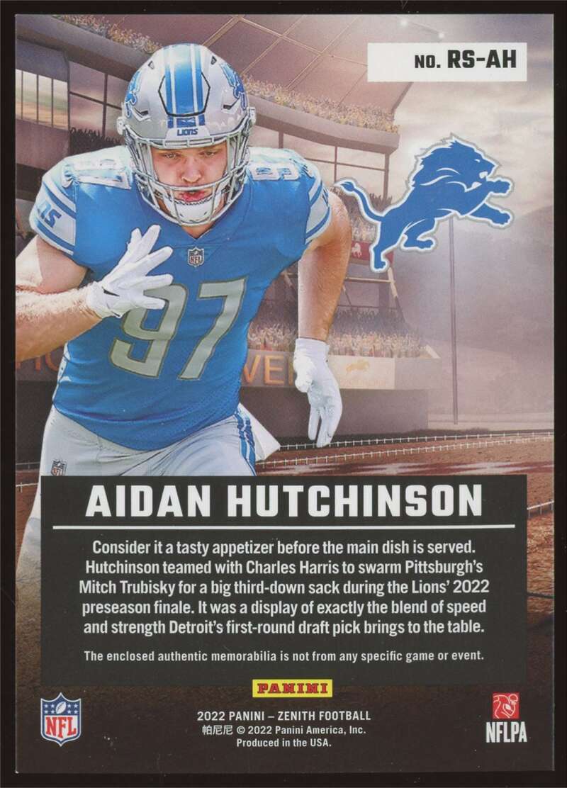 Load image into Gallery viewer, 2022 Panini Zenith Rookie Stallions Aidan Hutchinson #RS-AH Detroit Lions RC Patch Relic  Image 2
