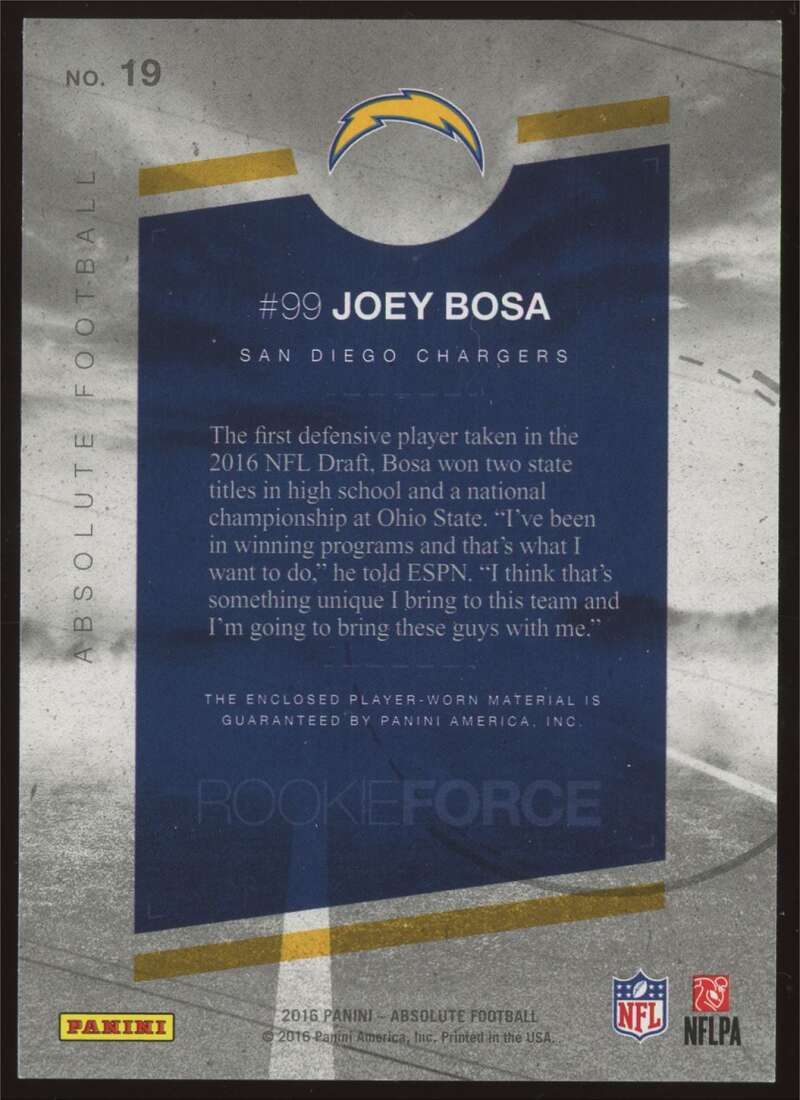 Load image into Gallery viewer, 2016 Panini Absolute Rookie Force Red Joey Bosa #19 San Diego Chargers RC Patch Relic  Image 2

