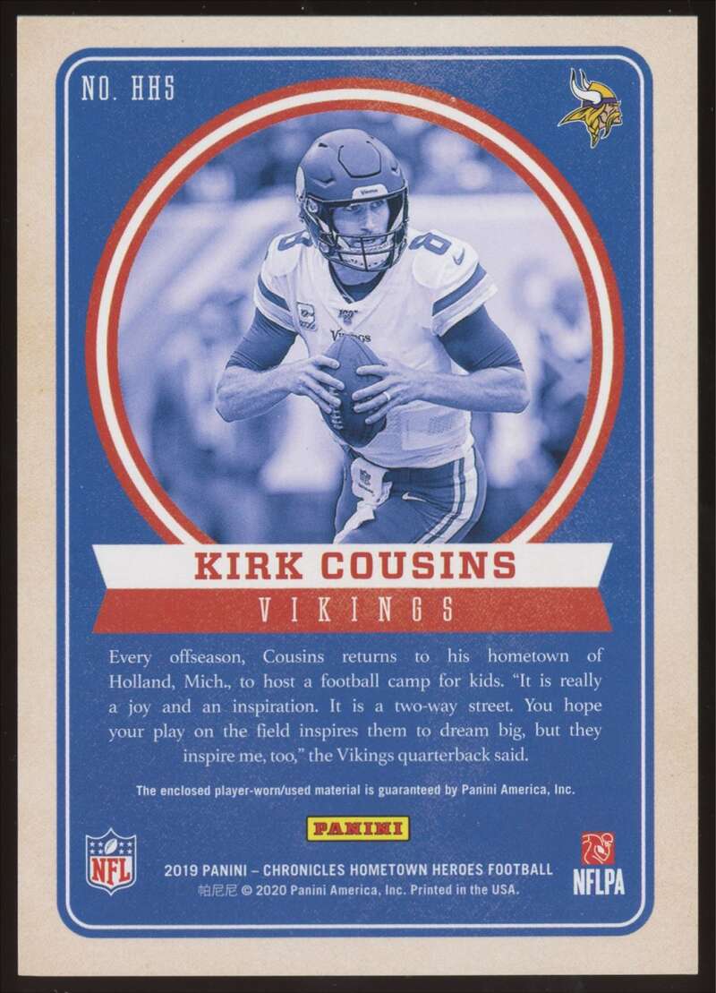 Load image into Gallery viewer, 2019 Panini Chronicles Hometown Heroes Dual Patch Red Kirk Cousins #HH5 Minnesota Vikings Relic /99  Image 2
