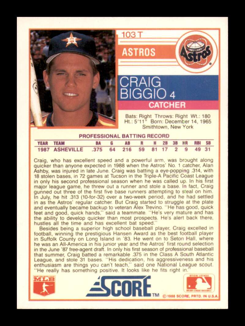 Load image into Gallery viewer, 1988 Score Rookie &amp; Traded Craig Biggio #103T Houston Astros Rookie RC EX-EXMINT Image 2
