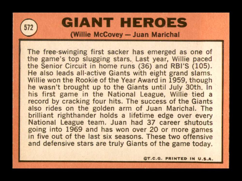 Load image into Gallery viewer, 1969 Topps Willie McCovey Juan Marichal #572 San Francisco Giants NM Near Mint Image 2
