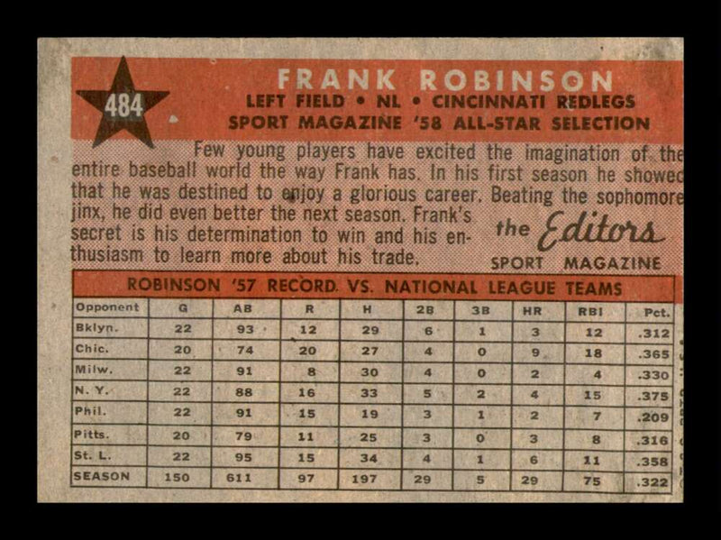Load image into Gallery viewer, 1958 Topps Frank Robinson #484 2nd Year Cincinnati Reds All Star EX-EXMINT Image 2
