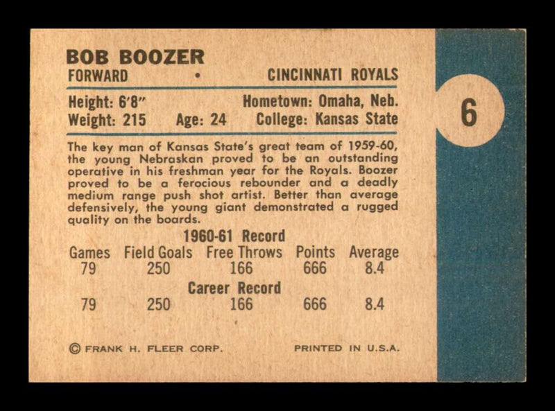 Load image into Gallery viewer, 1961-62 Fleer Bob Boozer #6 Cincinnati Royals Rookie RC EX-EXMINT Image 2
