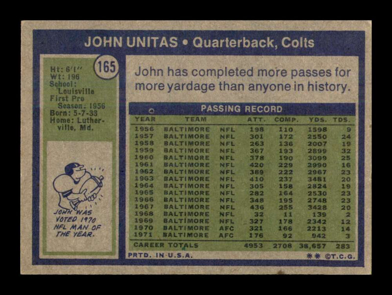 Load image into Gallery viewer, 1972 Topps Johnny Unitas #165 Baltimore Colts EX Excellent Image 2
