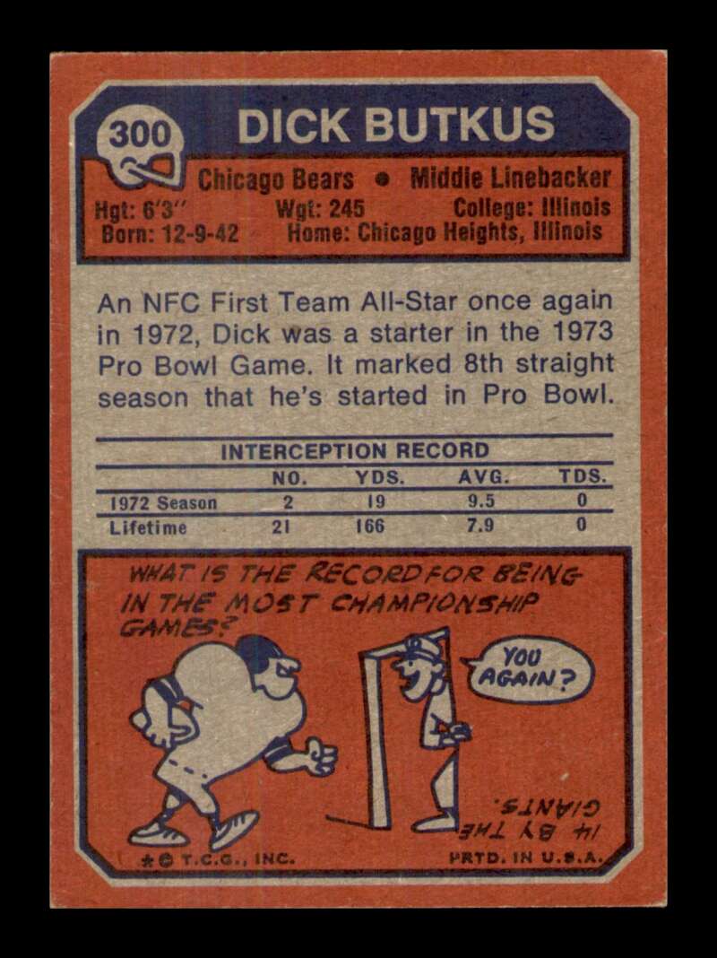 Load image into Gallery viewer, 1973 Topps Dick Butkus #300 Chicago Bears EX-EXMINT Image 2
