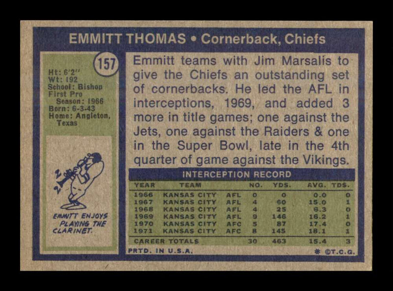 Load image into Gallery viewer, 1972 Topps Emmitt Thomas #157 Kansas City Chiefs Rookie RC NM Near Mint Image 2
