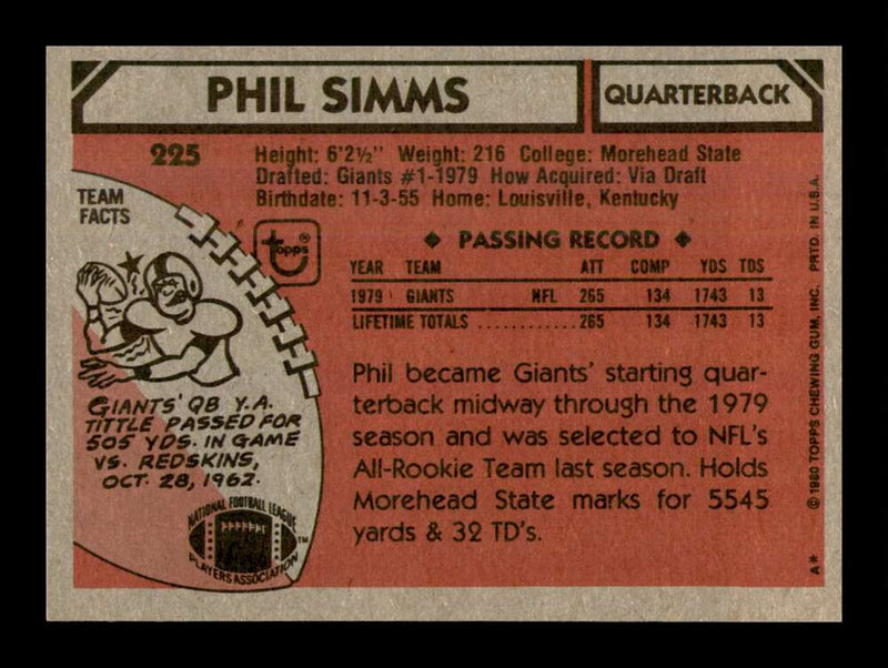 Load image into Gallery viewer, 1980 Topps Phil Simms #225 New York Giants Rookie RC NM Near Mint Image 2
