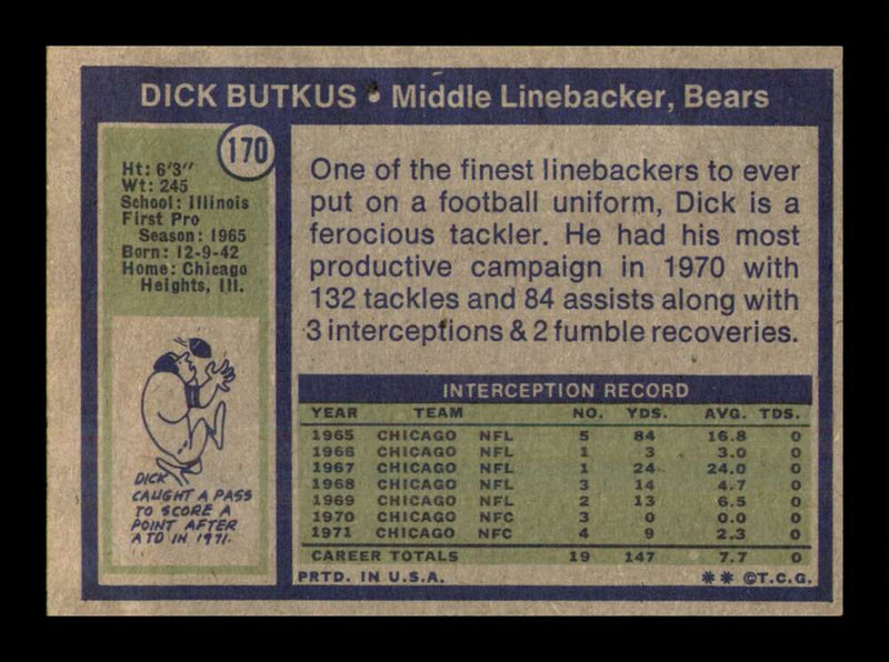 Load image into Gallery viewer, 1972 Topps Dick Butkus #170 Chicago Bears EX-EXMINT Image 2
