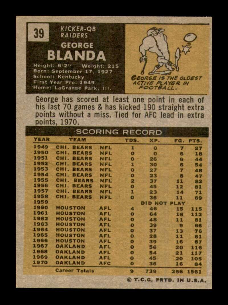 Load image into Gallery viewer, 1971 Topps George Blanda #39 Oakland Raiders EX-EXMINT Image 2
