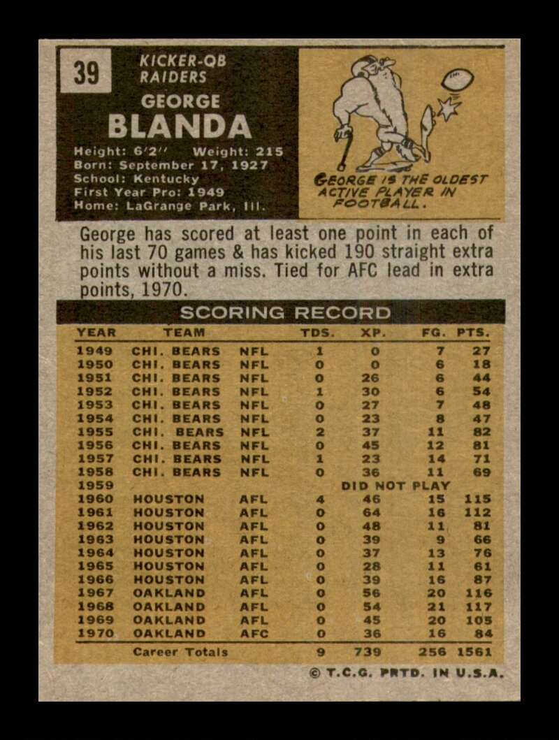 Load image into Gallery viewer, 1971 Topps George Blanda #39 Oakland Raiders EX-EXMINT Image 2
