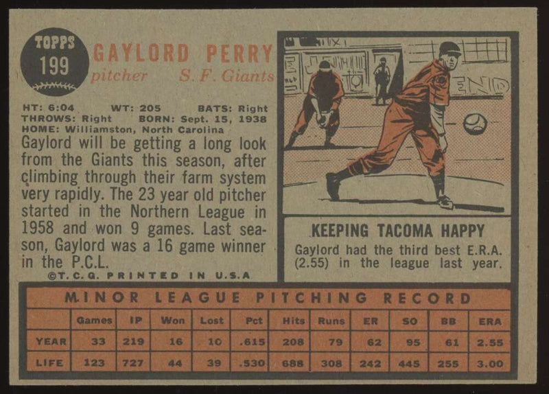Load image into Gallery viewer, 1962 Topps Gaylord Perry #199 San Francisco Giants Rookie RC NM Near Mint Image 2
