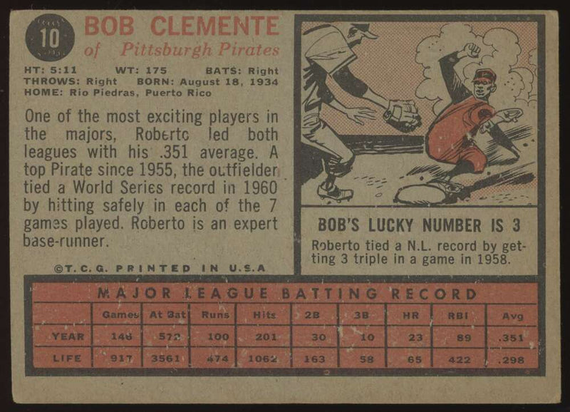 Load image into Gallery viewer, 1962 Topps Roberto Clemente #10 Pittsburgh Pirates VG-VGEX Rubber Band Indent Image 2
