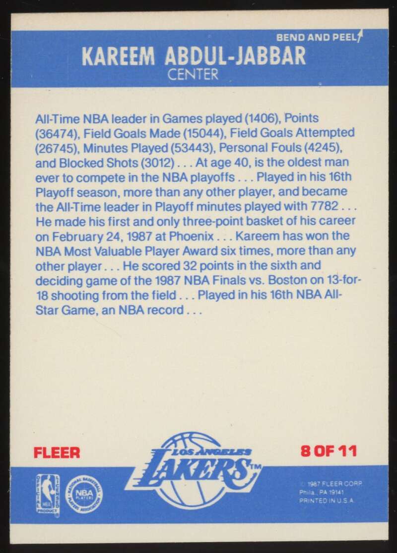 Load image into Gallery viewer, 1987-88 Fleer Stickers Kareem Abdul-Jabbar #8 Los Angeles Lakers NM Near Mint Image 2
