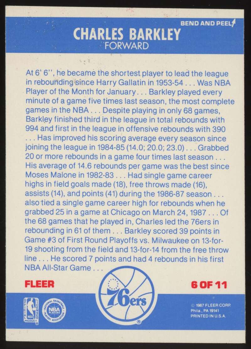 Load image into Gallery viewer, 1987-88 Fleer Stickers Charles Barkley #6 Philadelphia 76ers EX-EXMINT Image 2
