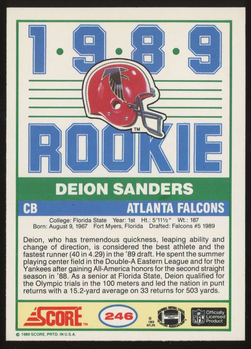 Load image into Gallery viewer, 1989 Score Deion Sanders #246 Atlanta Falcons Rookie RC NM Near Mint Image 2
