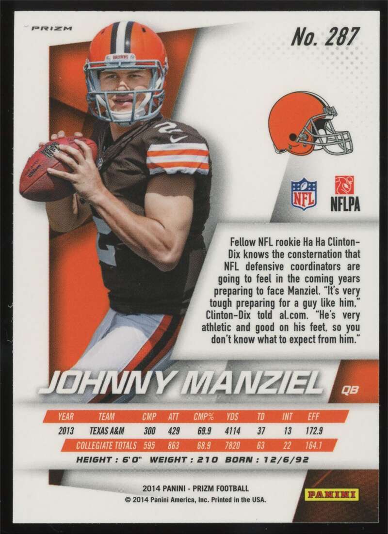 Load image into Gallery viewer, 2014 Panini Prizm Silver Prizm Johnny Manziel #287 Cleveland Browns Rookie RC  Image 2

